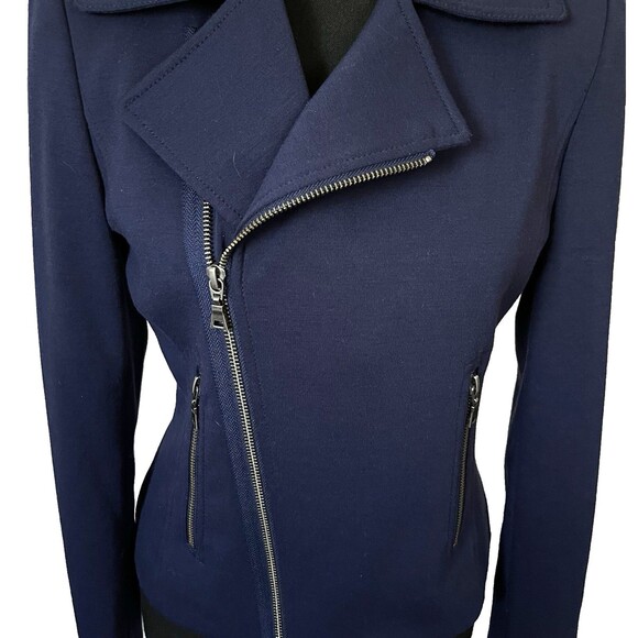 TAHARI blue asymmetrical full-zip jacket side zip pockets notch lapel Small - Picture 8 of 10